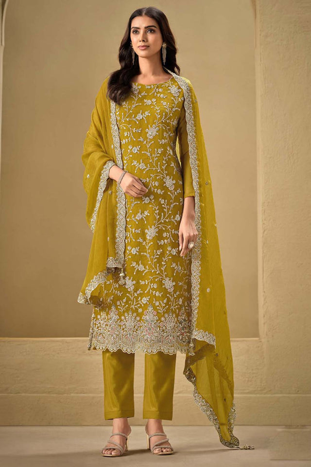 Yellow Embroidered Silk Straight Cut Suit Set