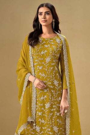 Yellow Embroidered Silk Straight Cut Suit Set