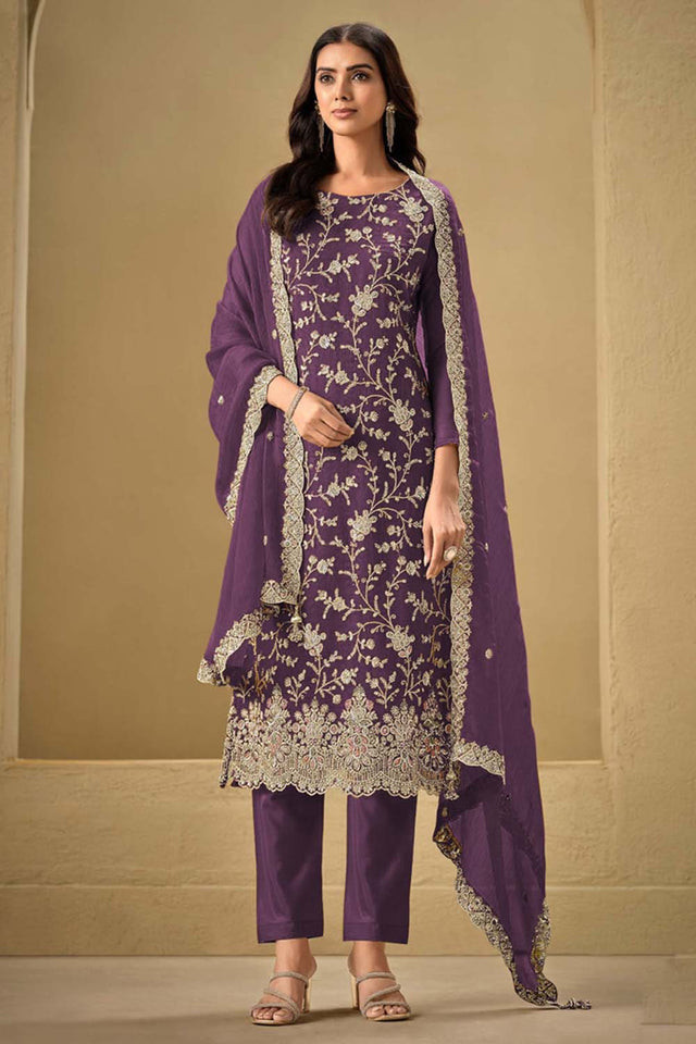 Violet Embroidered Silk Straight Cut Suit Set