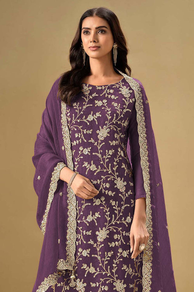 Violet Embroidered Silk Straight Cut Suit Set