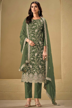 Green Embroidered Silk Straight Cut Suit Set