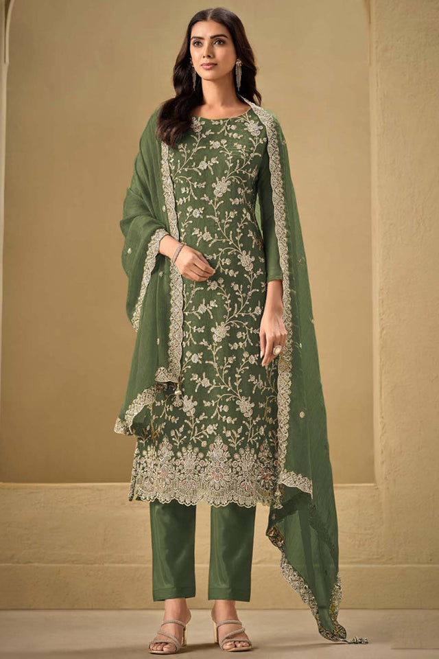 Green Embroidered Silk Straight Cut Suit Set