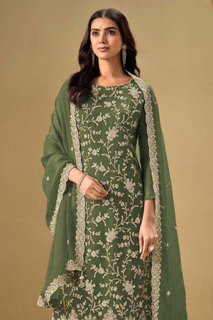 Green Embroidered Silk Straight Cut Suit Set