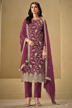 Red Embroidered Silk Straight Cut Suit Set