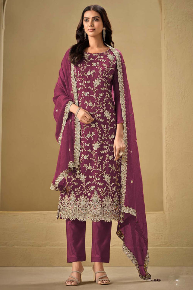 Red Embroidered Silk Straight Cut Suit Set