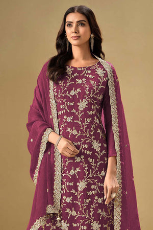 Red Embroidered Silk Straight Cut Suit Set