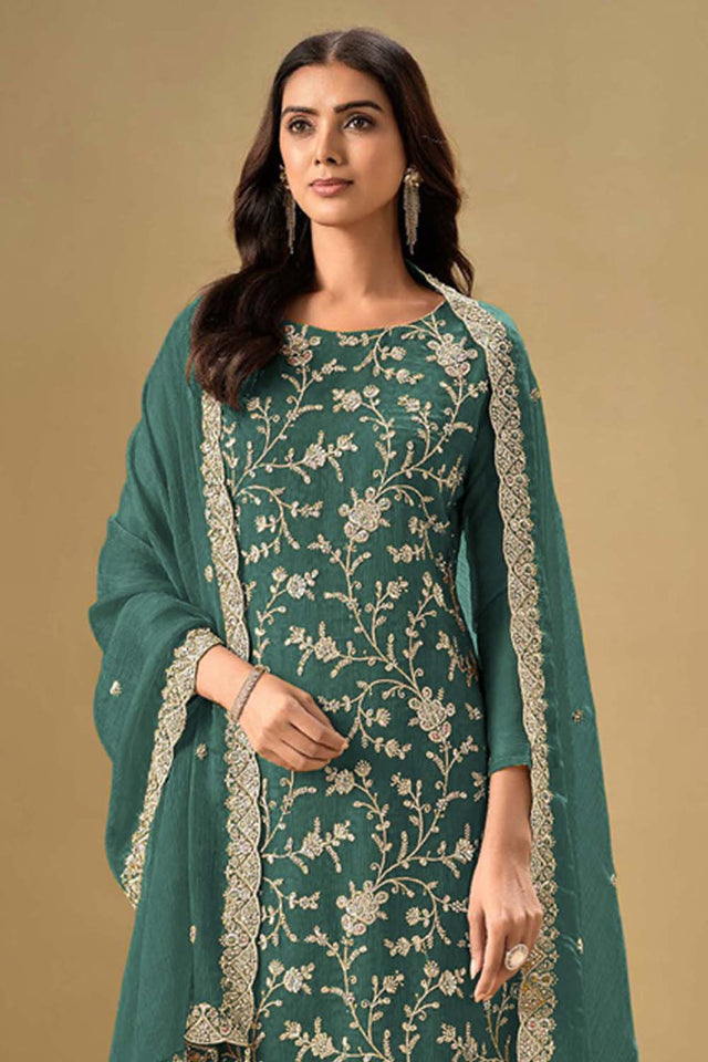 Blue Embroidered Silk Straight Cut Suit Set