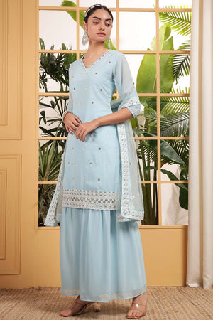Blue Sequin with Embroidered Georgette Sharara Suit Set