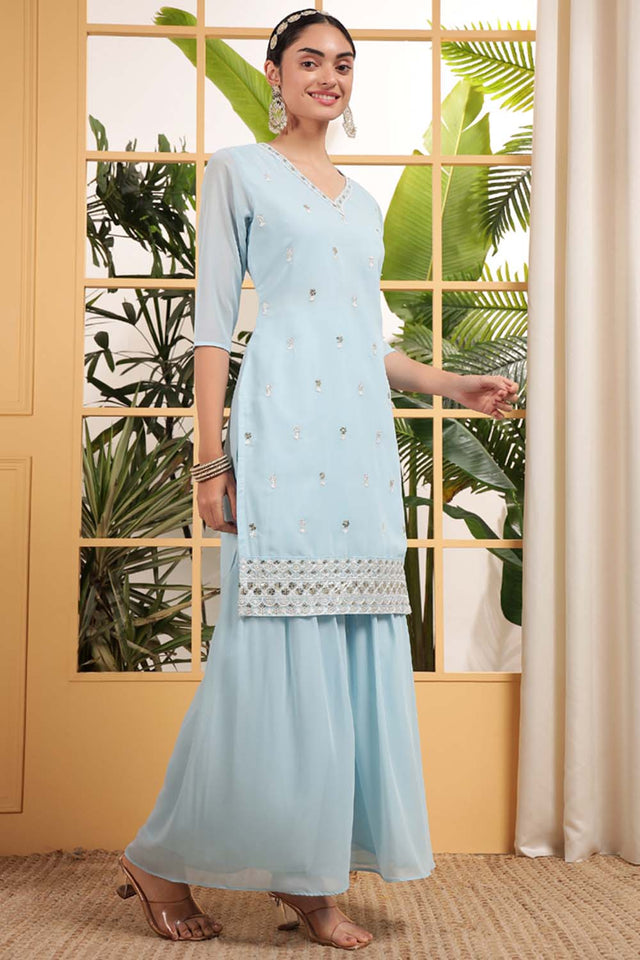 Blue Sequin with Embroidered Georgette Sharara Suit Set