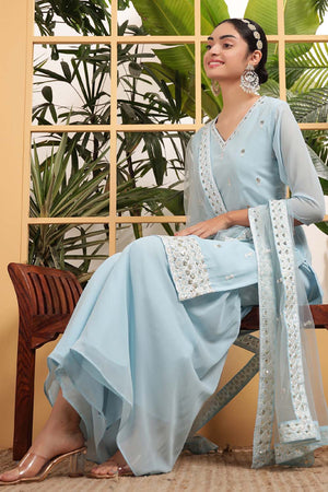 Blue Sequin with Embroidered Georgette Sharara Suit Set