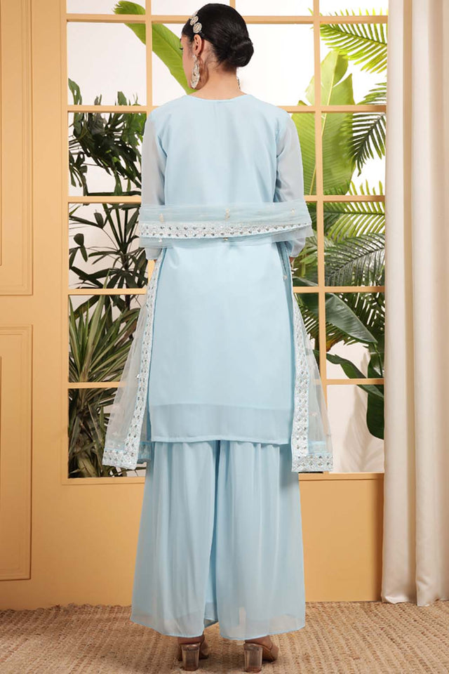 Blue Sequin with Embroidered Georgette Sharara Suit Set