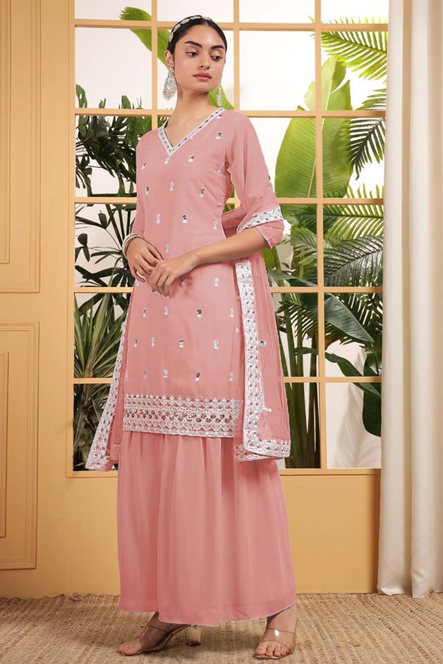 Orange Sequin with Embroidered Georgette Sharara Suit Set