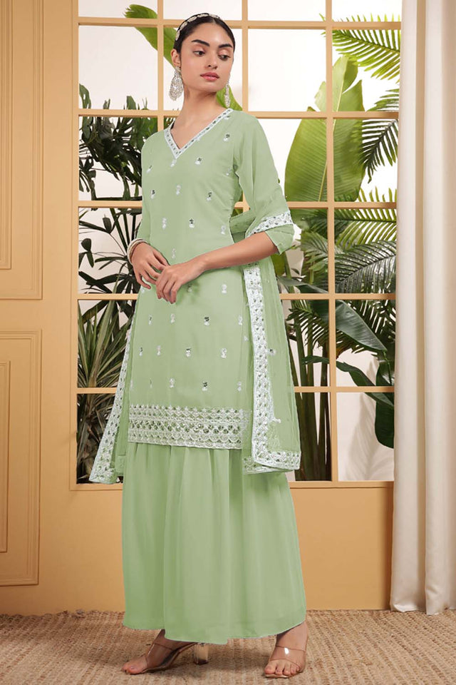 Green Sequin with Embroidered Georgette Sharara Suit Set