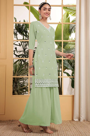 Green Sequin with Embroidered Georgette Sharara Suit Set