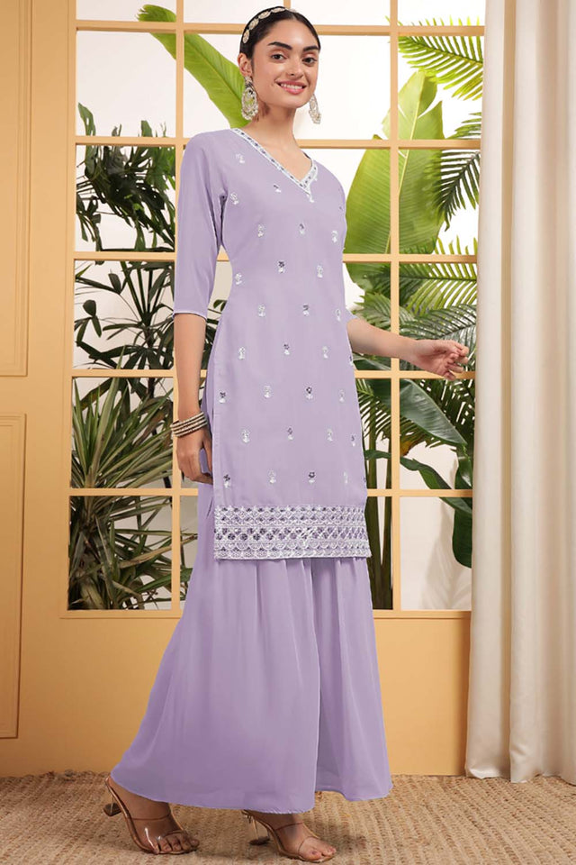Violet Sequin with Embroidered Georgette Sharara Suit Set