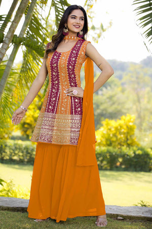 Yellow Sequin with Embroidered Georgette Sharara Suit Set