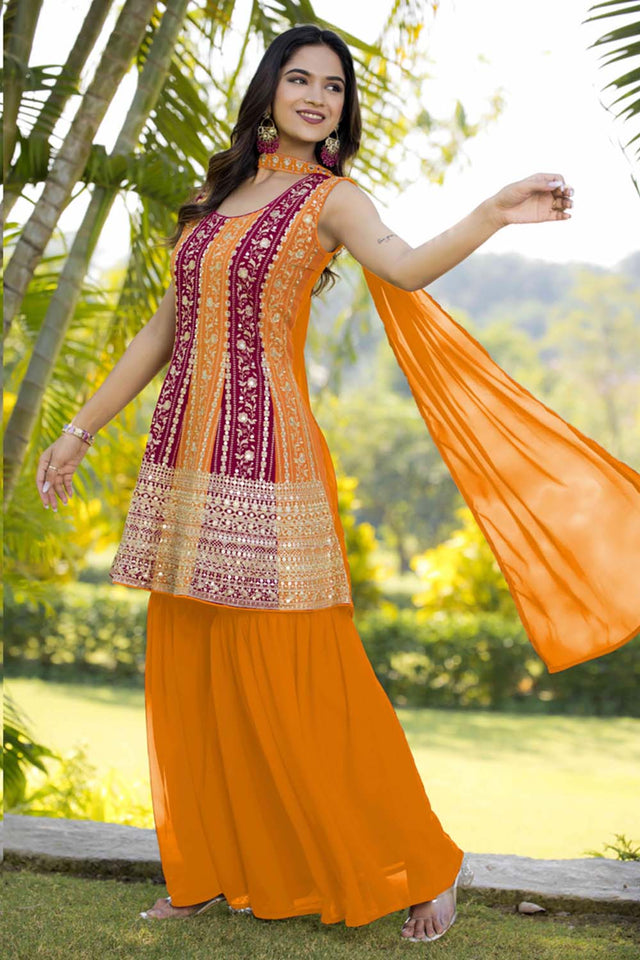 Yellow Sequin with Embroidered Georgette Sharara Suit Set