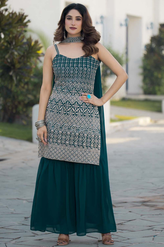 Green Sequin with Embroidered Georgette Sharara Suit Set