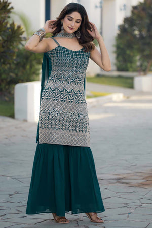 Green Sequin with Embroidered Georgette Sharara Suit Set