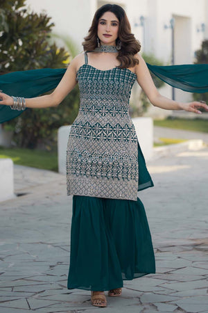 Green Sequin with Embroidered Georgette Sharara Suit Set
