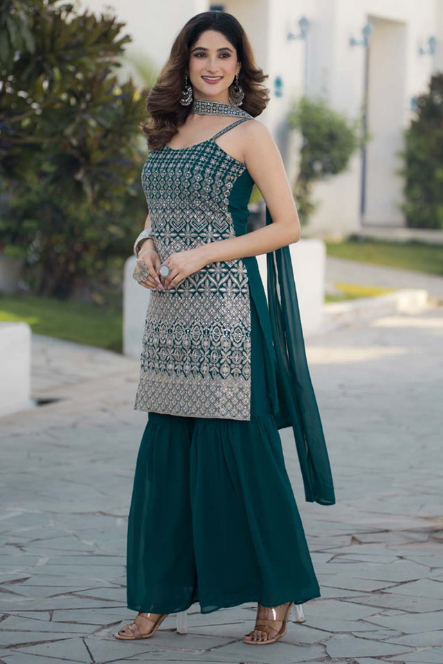 Green Sequin with Embroidered Georgette Sharara Suit Set