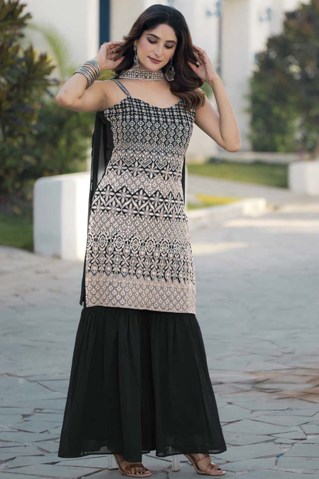 Black Sequin with Embroidered Georgette Sharara Suit Set