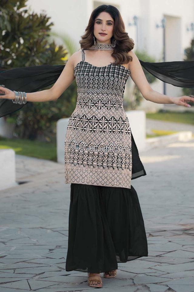 Black Sequin with Embroidered Georgette Sharara Suit Set