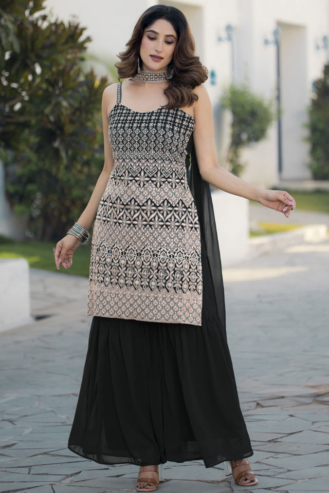 Black Sequin with Embroidered Georgette Sharara Suit Set