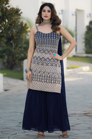 Blue Sequin with Embroidered Georgette Sharara Suit Set