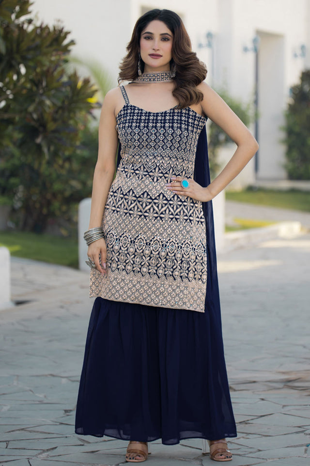 Blue Sequin with Embroidered Georgette Sharara Suit Set