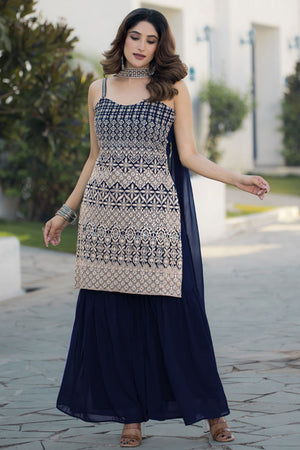 Blue Sequin with Embroidered Georgette Sharara Suit Set