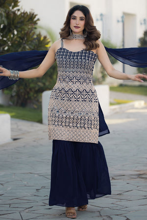 Blue Sequin with Embroidered Georgette Sharara Suit Set