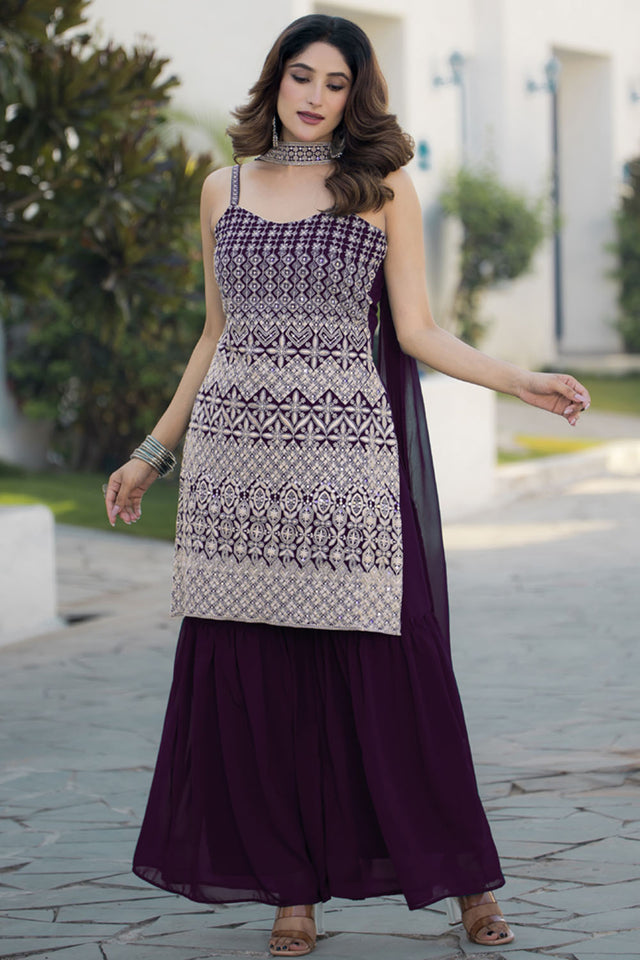 Violet Sequin with Embroidered Georgette Sharara Suit Set