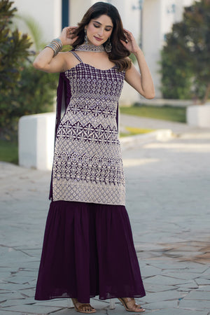 Violet Sequin with Embroidered Georgette Sharara Suit Set