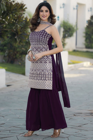 Violet Sequin with Embroidered Georgette Sharara Suit Set