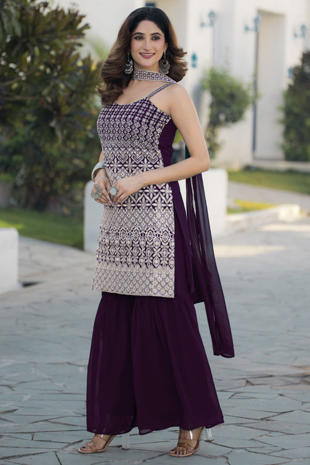 Violet Sequin with Embroidered Georgette Sharara Suit Set