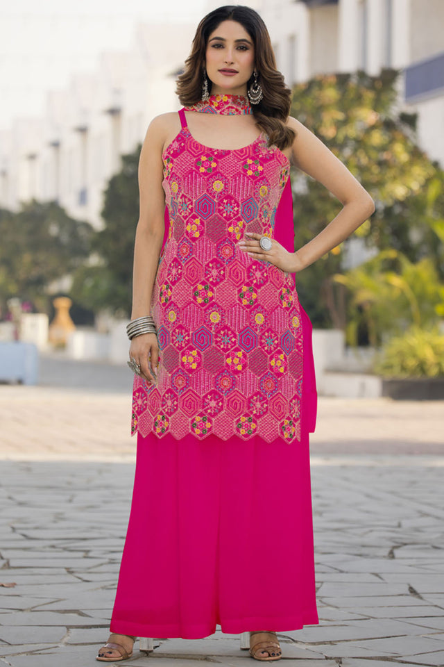 Pink Sequin with Embroidered Georgette Sharara Suit Set