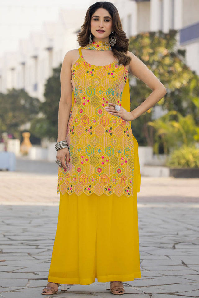 Yellow Sequin with Embroidered Georgette Sharara Suit Set