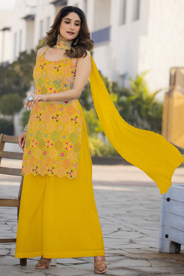 Yellow Sequin with Embroidered Georgette Sharara Suit Set