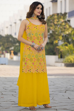 Yellow Sequin with Embroidered Georgette Sharara Suit Set
