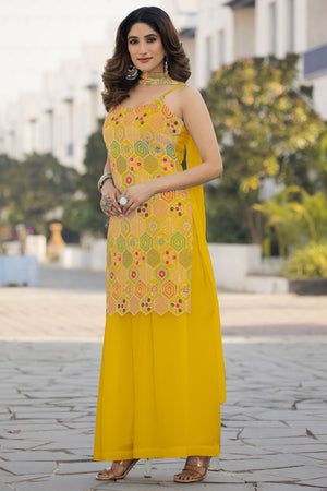 Yellow Sequin with Embroidered Georgette Sharara Suit Set