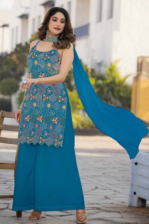 Turquoise Sequin with Embroidered Georgette Sharara Suit Set