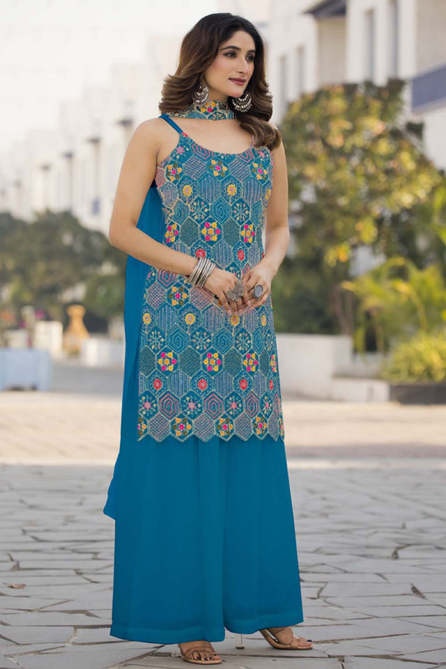 Turquoise Sequin with Embroidered Georgette Sharara Suit Set