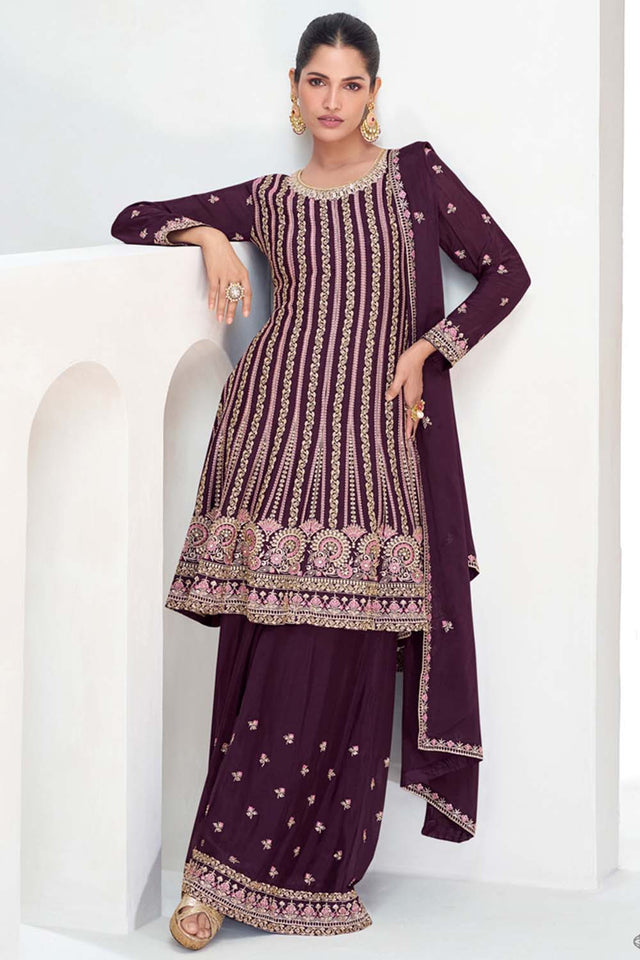 Wine Sequin with Embroidered Art Silk Sharara Suit Set