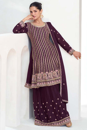 Wine Sequin with Embroidered Art Silk Sharara Suit Set