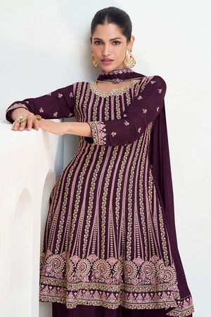 Wine Sequin with Embroidered Art Silk Sharara Suit Set
