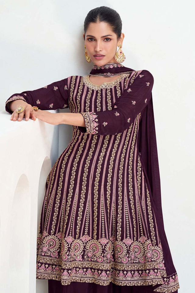 Wine Sequin with Embroidered Art Silk Sharara Suit Set