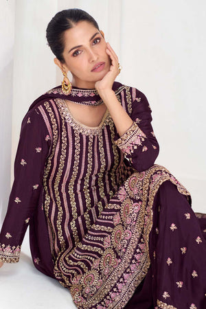 Wine Sequin with Embroidered Art Silk Sharara Suit Set