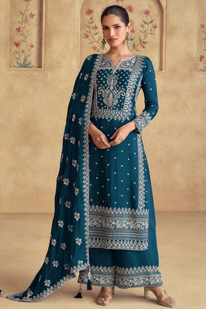 Blue Embroidered Georgette Palazzo Suit Set