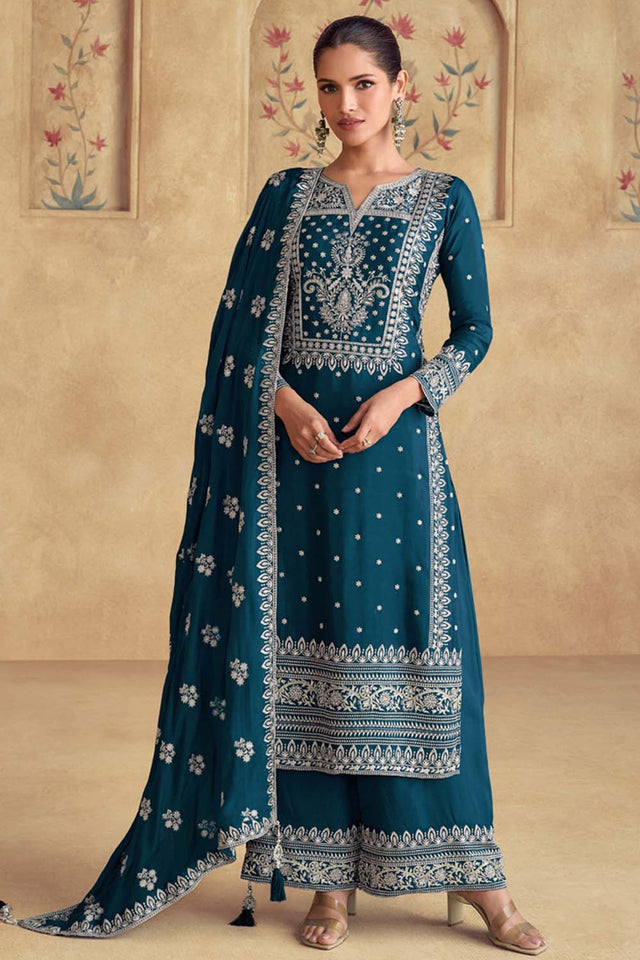 Blue Embroidered Georgette Palazzo Suit Set